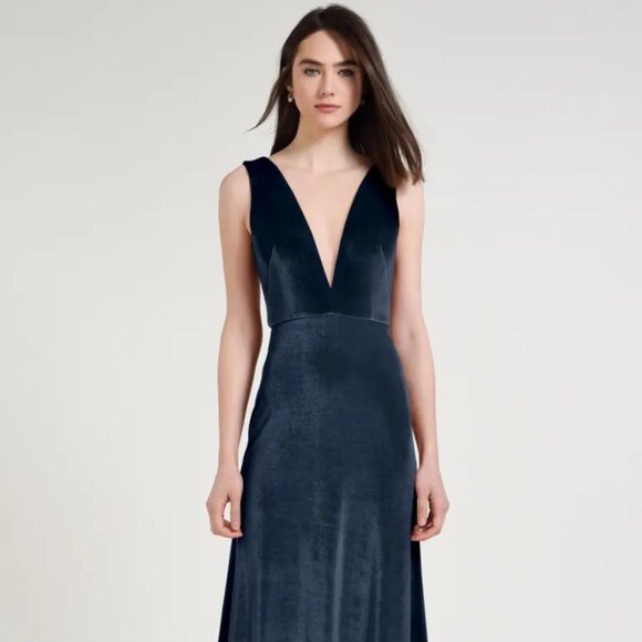 Jenny Yoo Logan Deep-V Velvet Column Gown - Picture 1 of 3